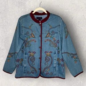 Denim&Co Blue and Red Jean Jacket with Embroidery Bohemian Southwestern‎ Large